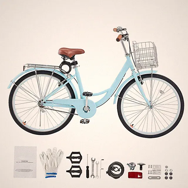 26 - inch Light Blue Beach Cruiser Bike with Basket and Rear Rack, Adjustable