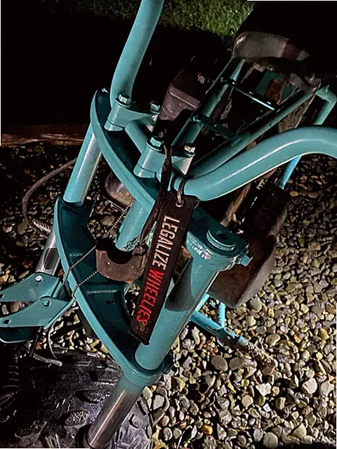 Teal Fat Bike with Fat Tires, Blue Bicycle, Legalize Wheelies Tag, Unique Design